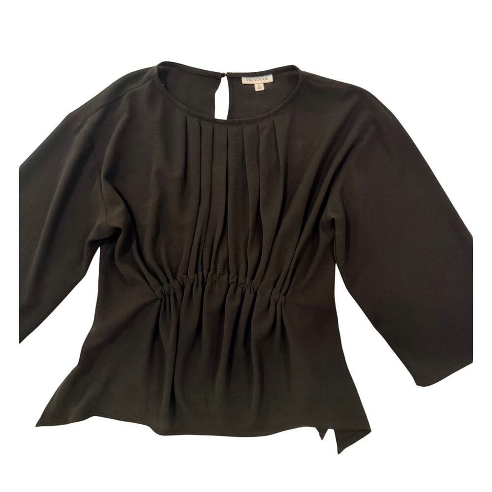 Black Pleated Blouse Pintuck 3/4 Sleeve Stretch Woven Minimalist Small Workwear - Picture 5 of 15